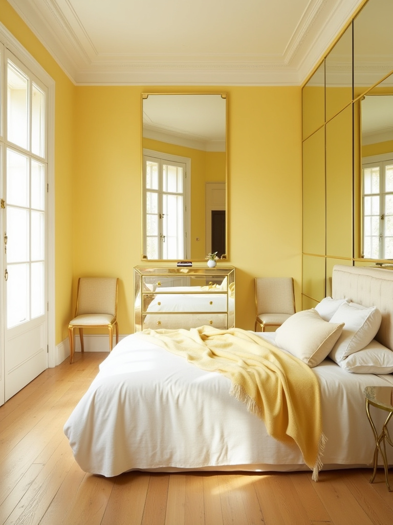 Yellow bedroom with mirrored surfaces reflecting warm light