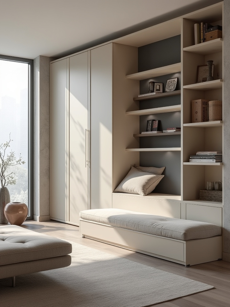 A modern living room interior featuring an upholstered storage ottoman, a window storage bench, and a modular shelving unit, all showcasing integrated multi-functional storage solutions.