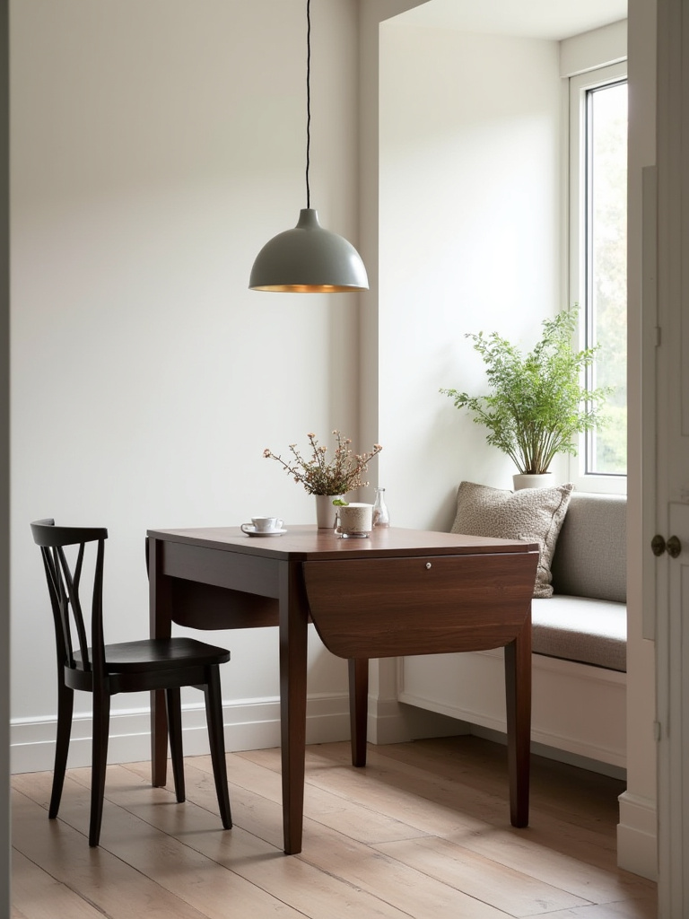 A stylish dark wood drop-leaf dining table partially extended in a bright, modern small dining nook, demonstrating multifunctional furniture.