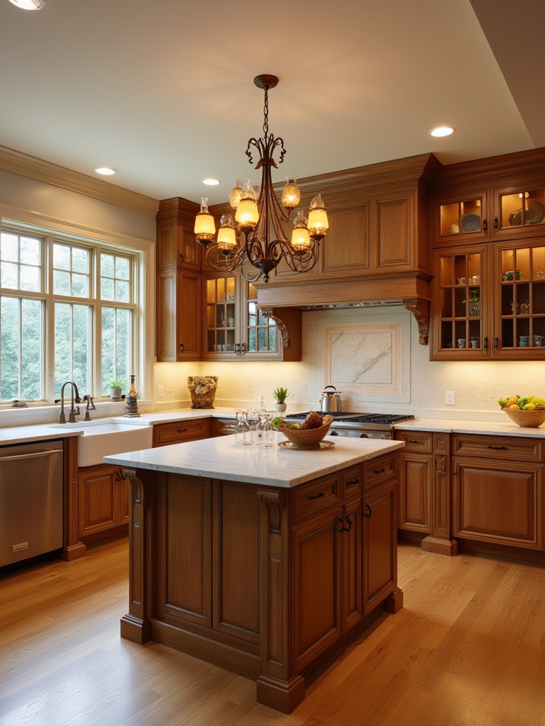 Traditional kitchen portrait with period-appropriate lighting and layered illumination