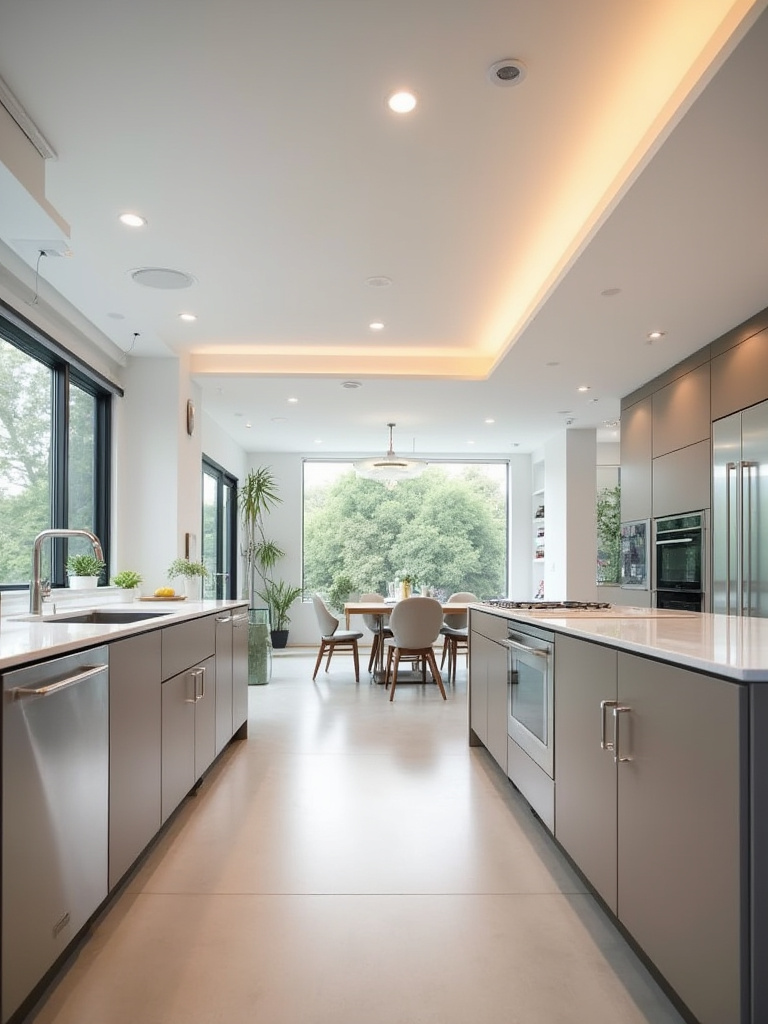 Modern kitchen ceiling with recessed lighting providing general illumination