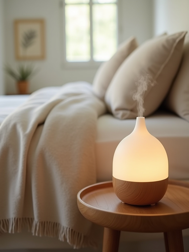A serene bedside table in a cozy bedroom featuring a lit essential oil diffuser and a book, radiating a calming aroma, embodying relaxation and coziness for bedroom inspiration.