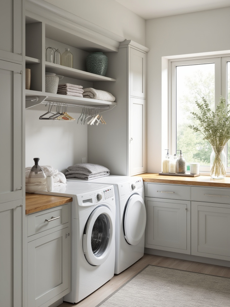 A modern mudroom laundry room featuring a discreet, wall-mounted pull-out drying rack, maximizing space above a white washer and dryer with light gray cabinetry and butcher block counter.