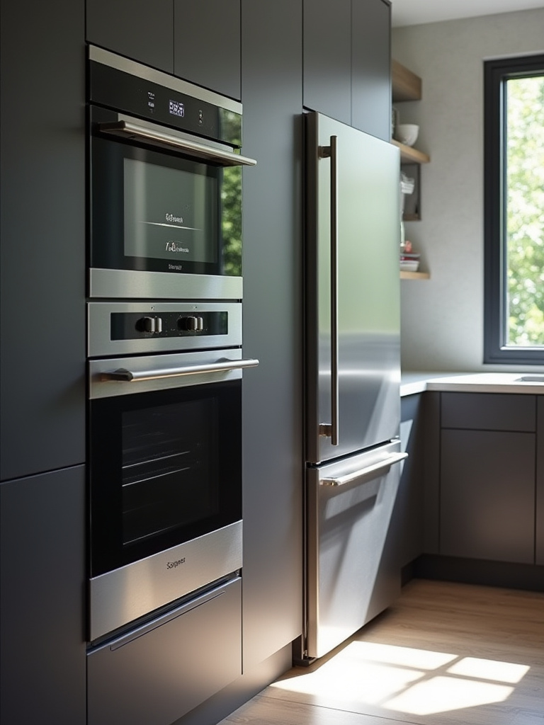 A pristine, modern kitchen showcasing a built-in smart refrigerator, oven, and dishwasher seamlessly integrated into custom cabinetry, reflecting energy efficiency and sleek design.
