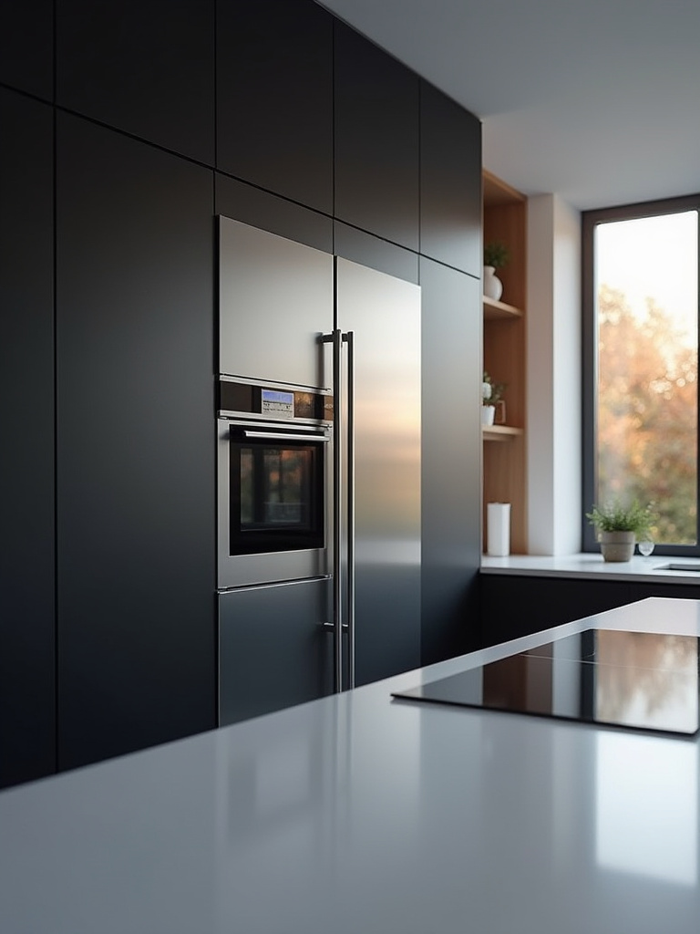 Contemporary kitchen with integrated smart oven and refrigerator, showing sleek design and connectivity features.