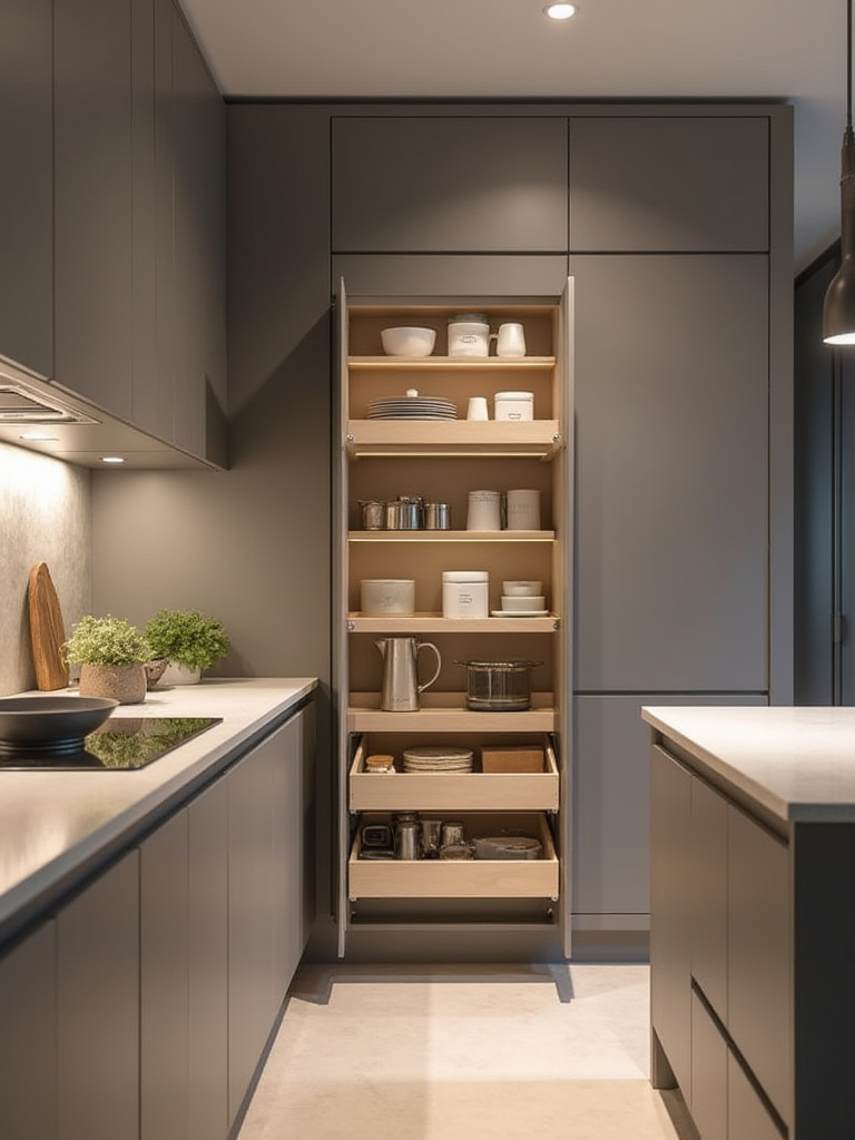 Portrait image of a contemporary kitchen with integrated smart storage solutions, featuring sleek cabinets, a pull-out pantry, and hidden appliance compartments.
