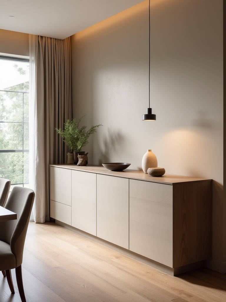 Portrait of a modern dining room with a sleek sideboard and ambient lighting