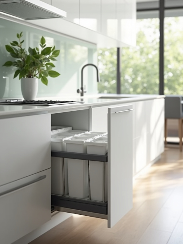 Modern kitchen featuring an integrated smart waste management system with multiple pull-out bins for sorting recycling, compost, and general waste, enhancing efficiency and cleanliness.