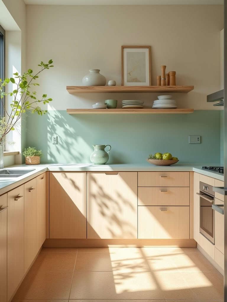Eco-friendly kitchen featuring bamboo cabinetry, recycled glass countertops, cork flooring, and a reclaimed wood shelf, brightly lit by natural window light.