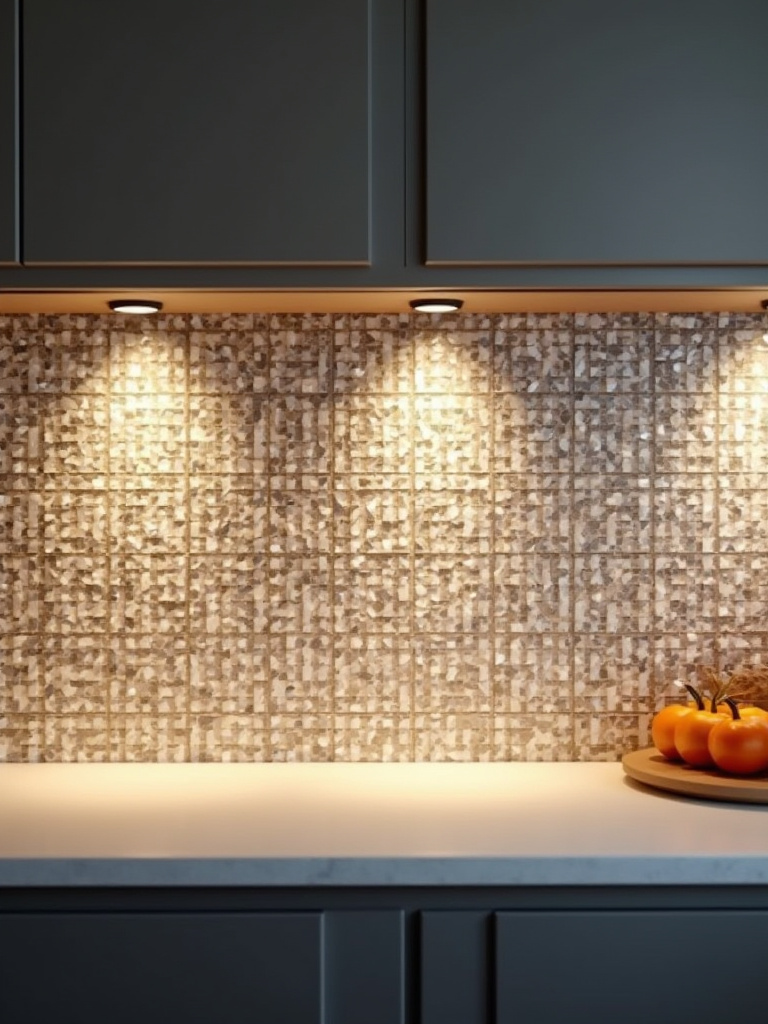 Portrait kitchen with warm under-cabinet task lighting highlighting backsplash texture