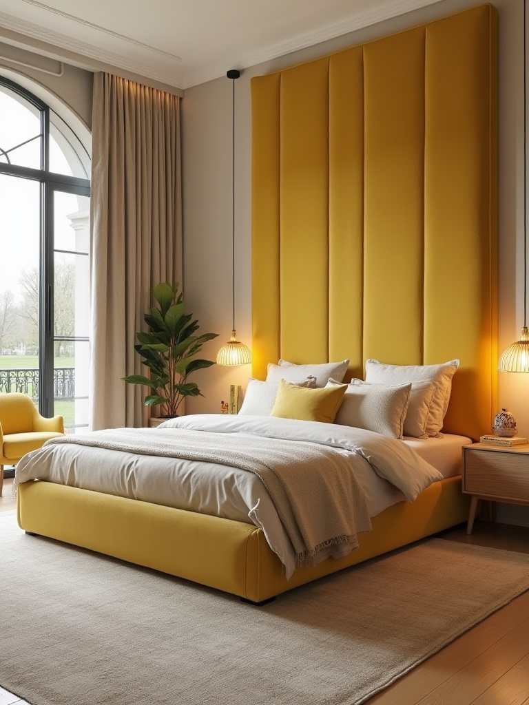 Mustard-yellow headboard and accent chair in a modern bedroom
