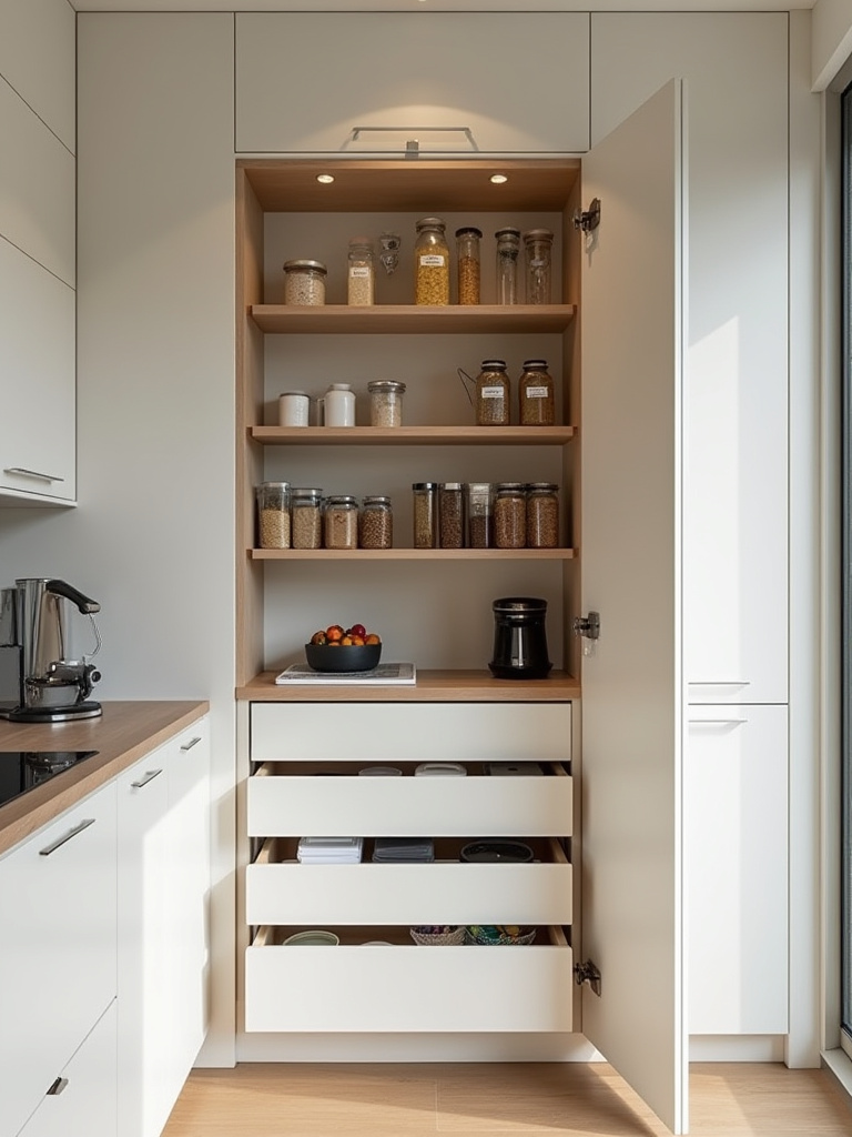 Modern kitchen with handleless cabinets concealing a highly organized hidden pantry for food and small appliance storage, maintaining a minimalist aesthetic.