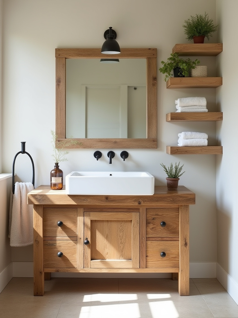 Farmhouse bathroom with natural wood vanity, open shelves, and a wooden mirror, showing warmth and authenticity.