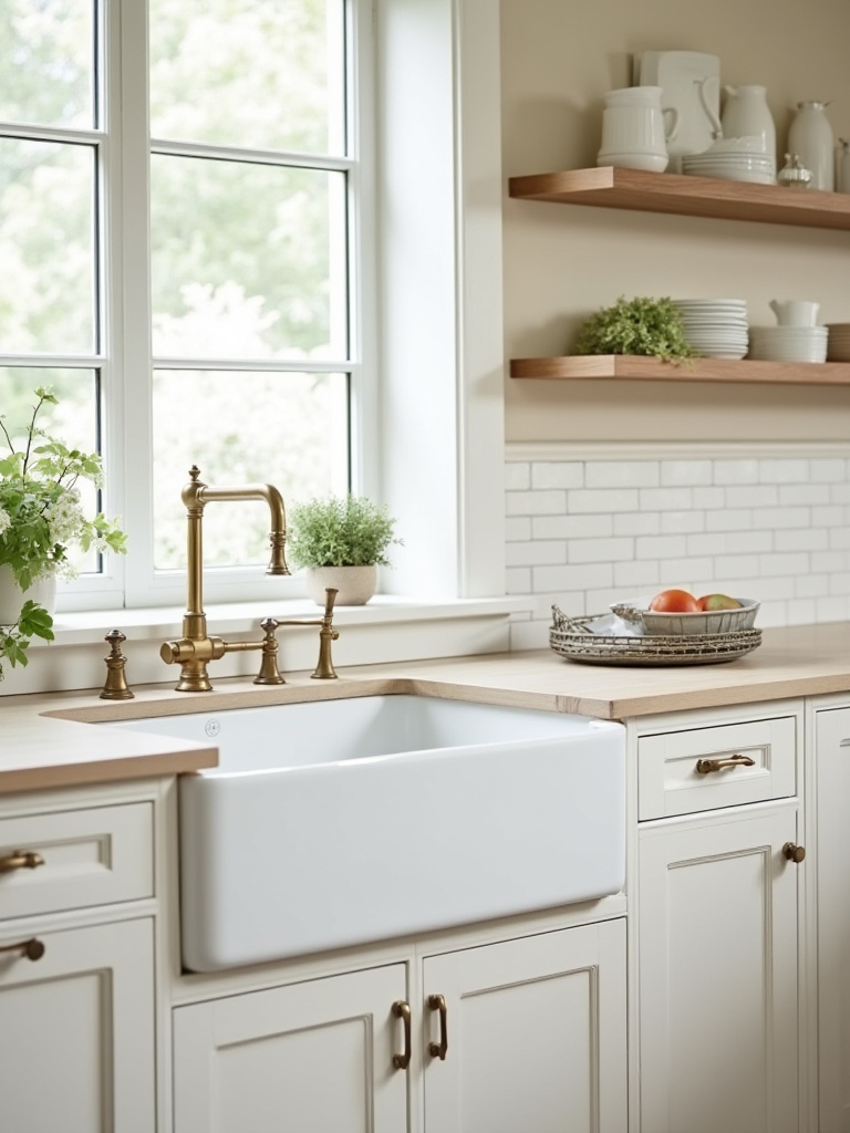 Portrait of a traditional kitchen sink area featuring farmhouse apron-front and undermount basin