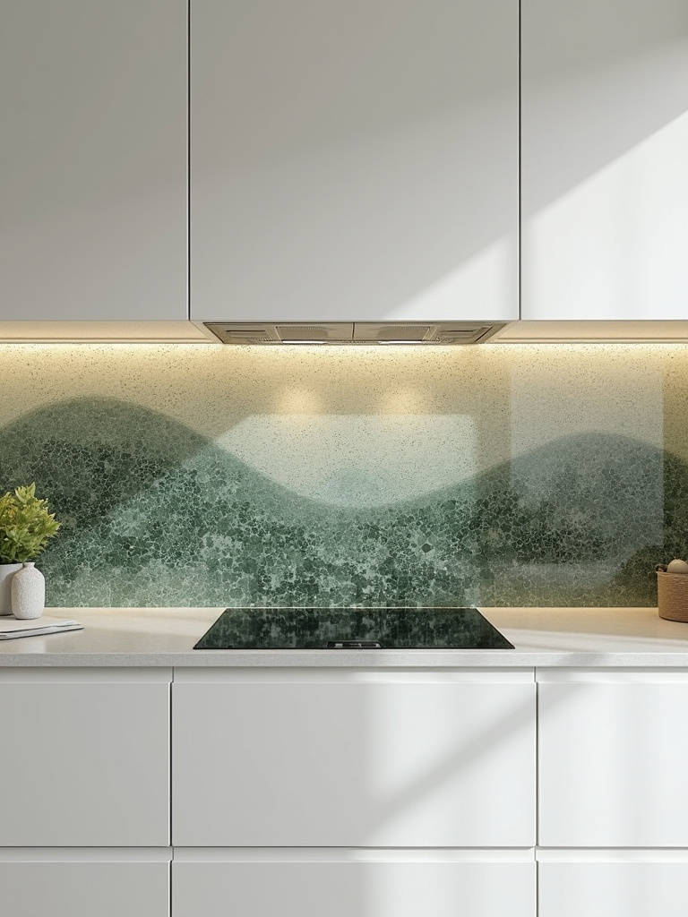Contemporary kitchen featuring an intricate glass mosaic artistic backsplash with abstract nature patterns behind a sleek stovetop, highlighted by warm LED lighting.