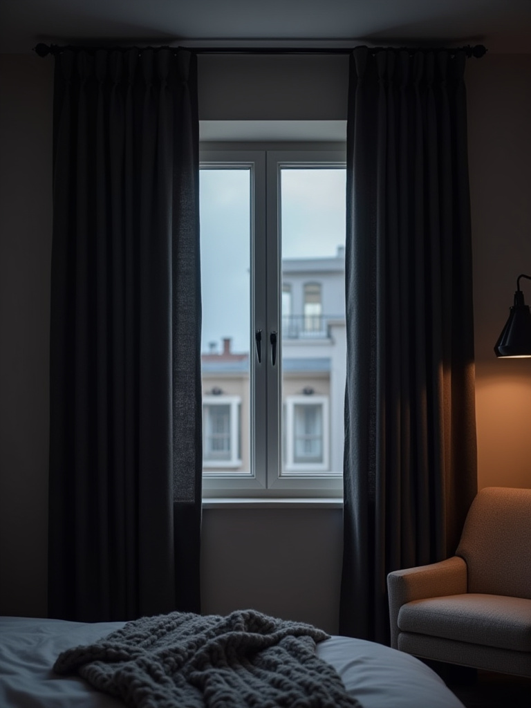 A cozy bedroom with luxurious, heavy charcoal blackout drapes fully drawn, creating deep darkness and an atmosphere of privacy. Soft interior light accentuates the drape texture.