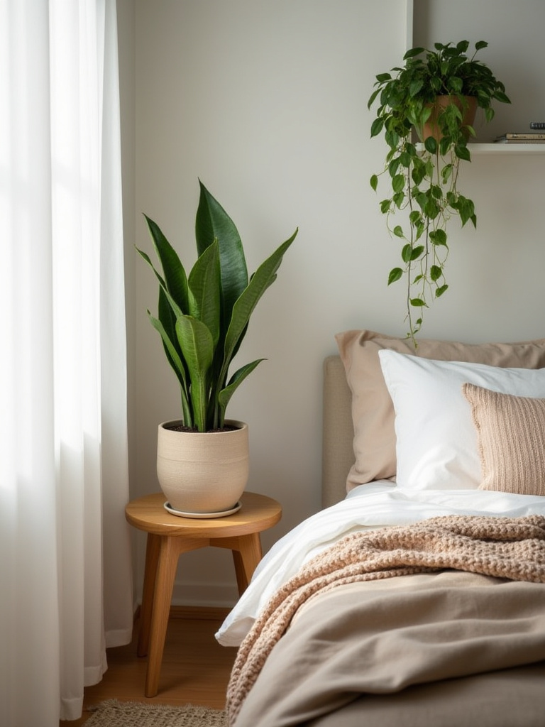 Cozy bedroom with a tall Snake Plant on a nightstand and a Pothos plant on a shelf, bathed in natural light, signifying natural serenity and air purity.