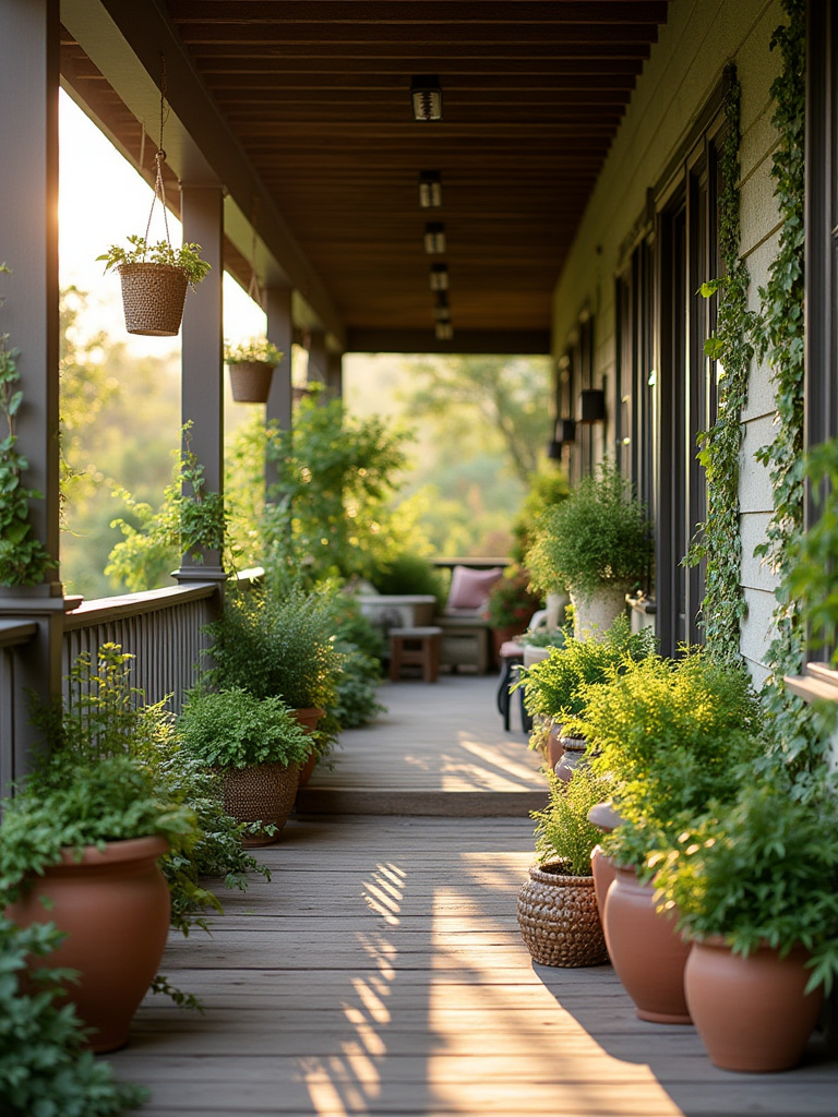 Portrait shot of a lush porch with layered greenery and planters