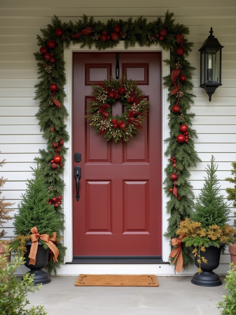 Front door with seasonal accents and wreath