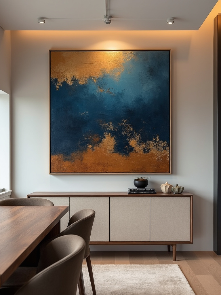 Portrait view of dining room with bold statement artwork as focal point