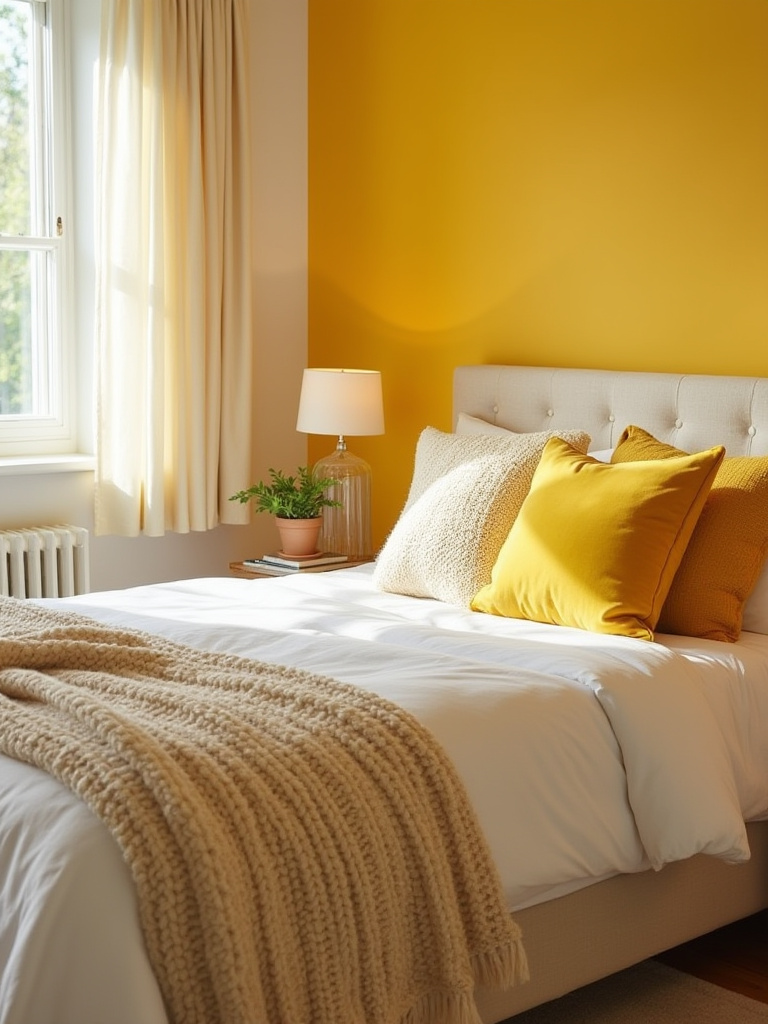 Portrait view of a yellow-textured bedroom with layered throws and pillows