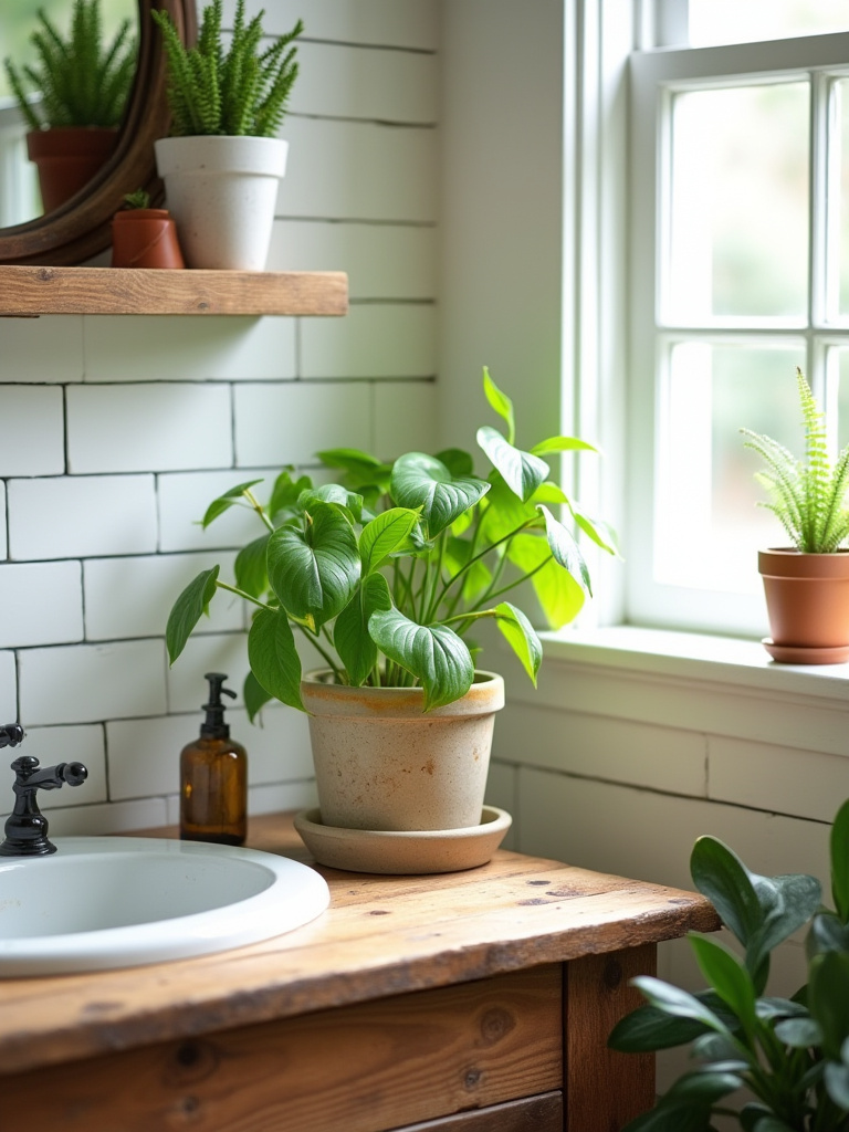 Farmhouse bathroom vanity with live plants in ceramic and terracotta pots, adding freshness and natural organic appeal.