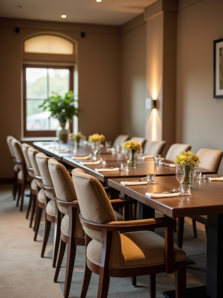 Portrait view of a stylish dining room featuring plush upholstered chairs around a wooden table.