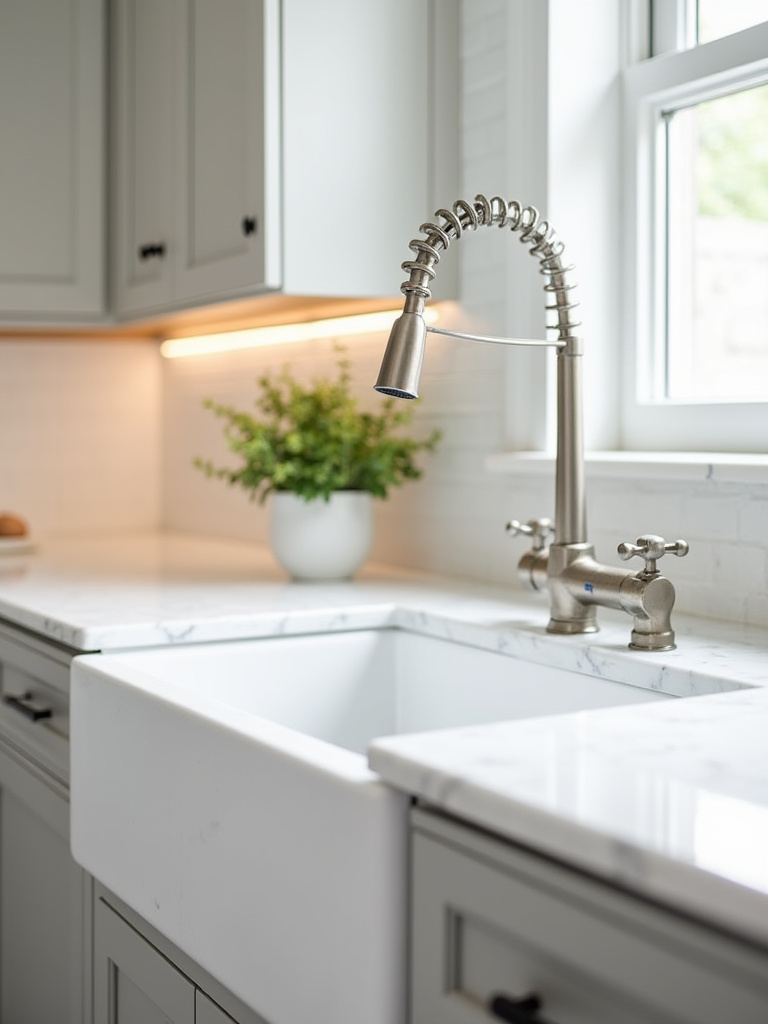 A pristine fireclay farmhouse kitchen sink with an industrial brushed nickel bridge faucet, set in a modern kitchen with white marble countertops.
