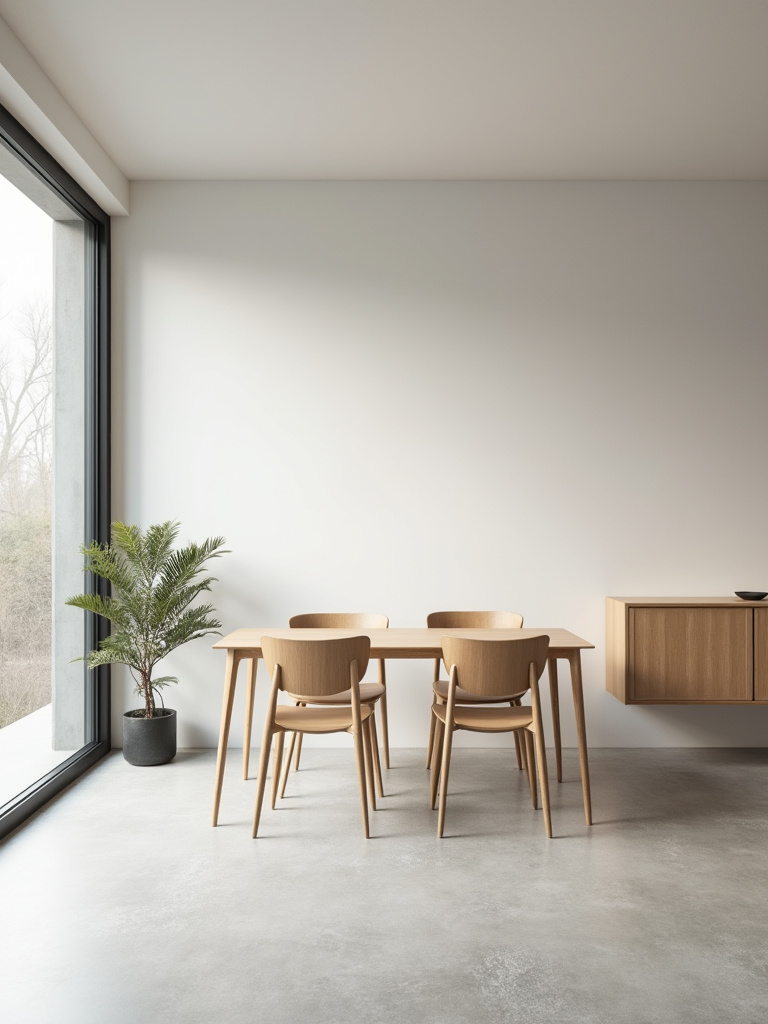 Modern small dining room with clear, uncluttered floor, featuring sleek furniture with high legs, a floating wall cabinet, and an overall airy, expansive design.