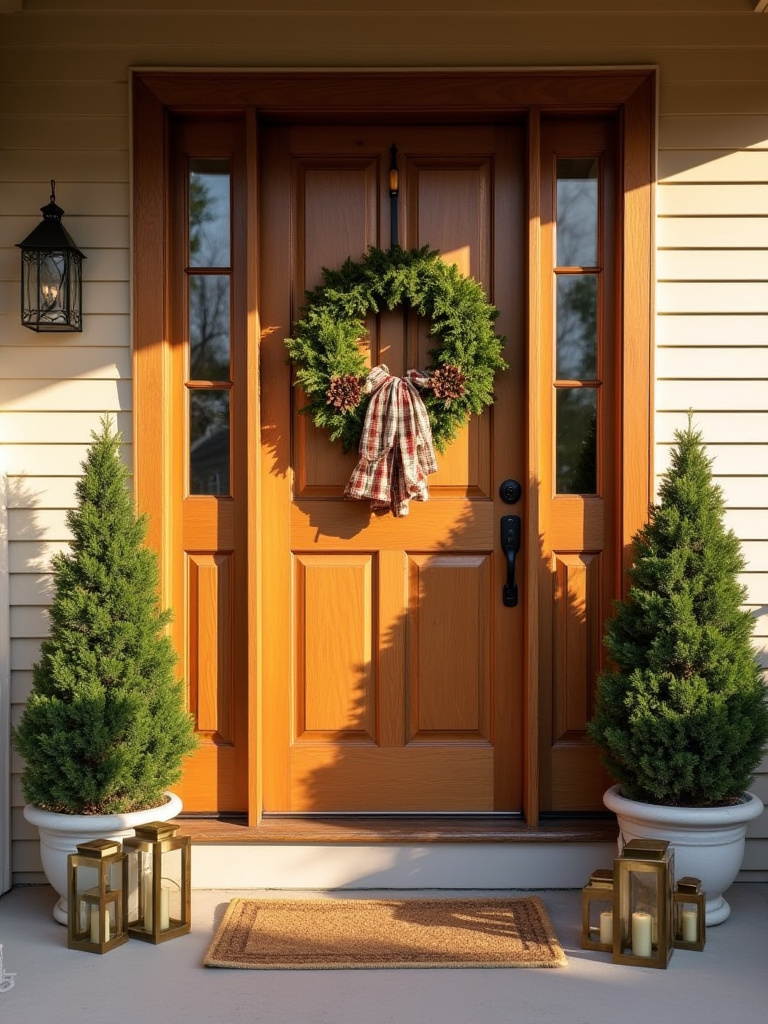 Vertical portrait of layered front door decor with wreath, garland, mats, and tall planters flanking a welcoming door.