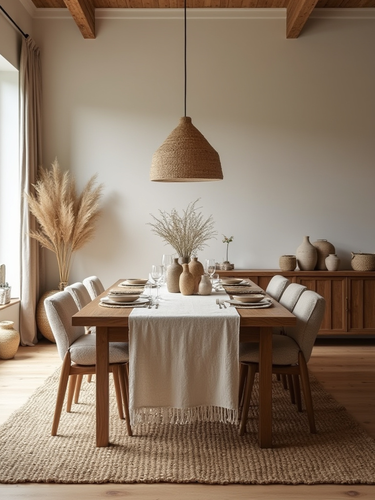 Portrait of a dining room showcasing layered textures with textiles and decor