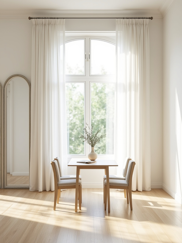 Bright small dining room with natural light from a large window with sheer curtains, a mirror reflecting sunlight, and light-colored walls and furniture, creating a spacious feel.