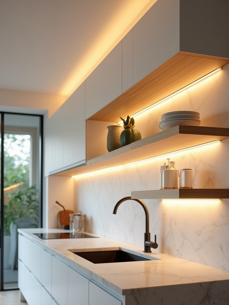 Kitchen with coving and shelf backlighting using LED strip lighting