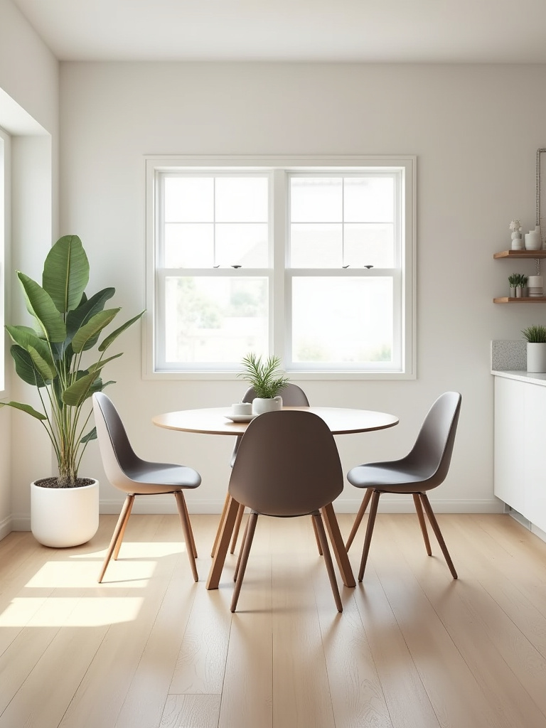 A perfectly arranged small dining room demonstrating optimal traffic flow, with clear pathways around a modern round dining table and chairs, light wood floors, and natural light.