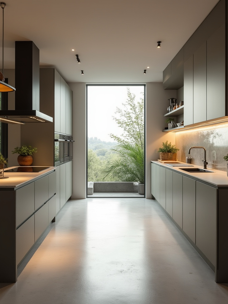 Modern kitchen with a blend of galley, L-shaped, and U-shaped elements demonstrating efficient space planning and smart layout options.