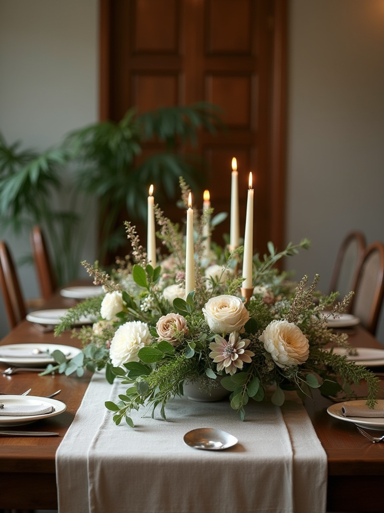 Portrait view of elegant dining table centerpiece design in a refined dining room