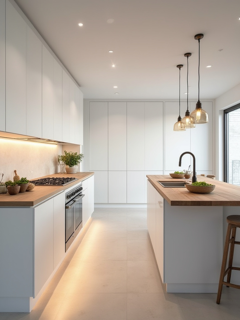 Portrait of a modern kitchen showcasing layered lighting design