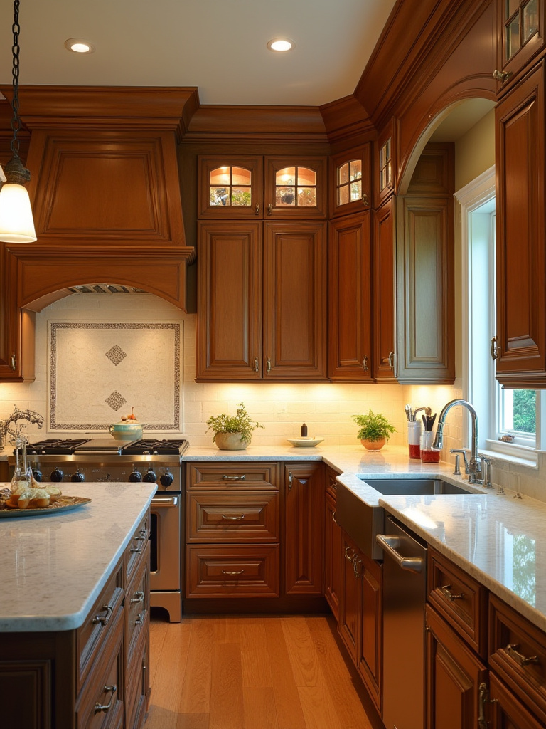 Portrait view of a traditional kitchen showcasing layered lighting