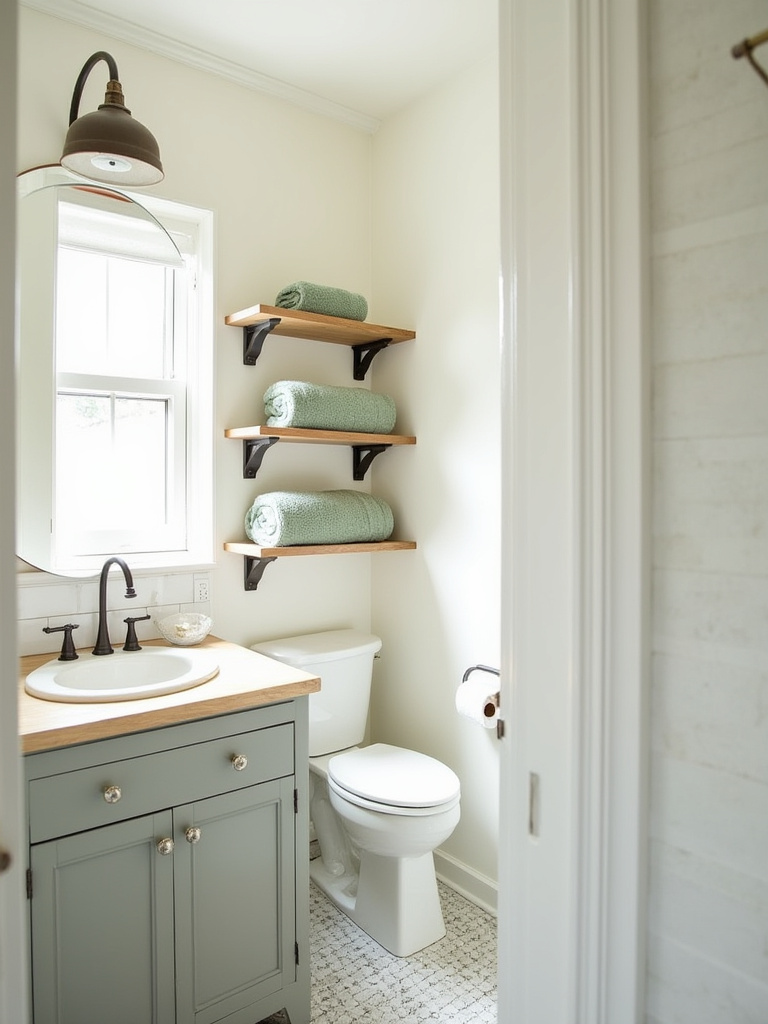 Farmhouse bathroom with off-white walls, distressed oak vanity, and subtle sage green towels, showcasing a classic farmhouse color palette for a serene atmosphere.