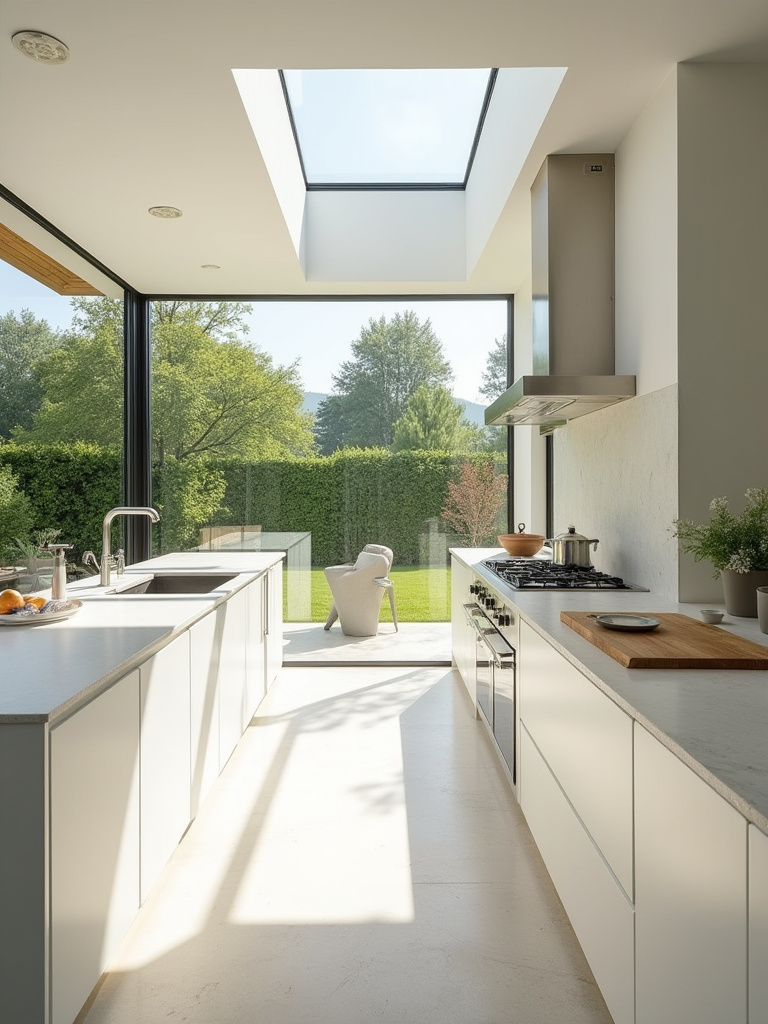 Modern kitchen bathed in natural light, featuring large windows above the sink and clerestory windows, light cabinetry, and an open layout.
