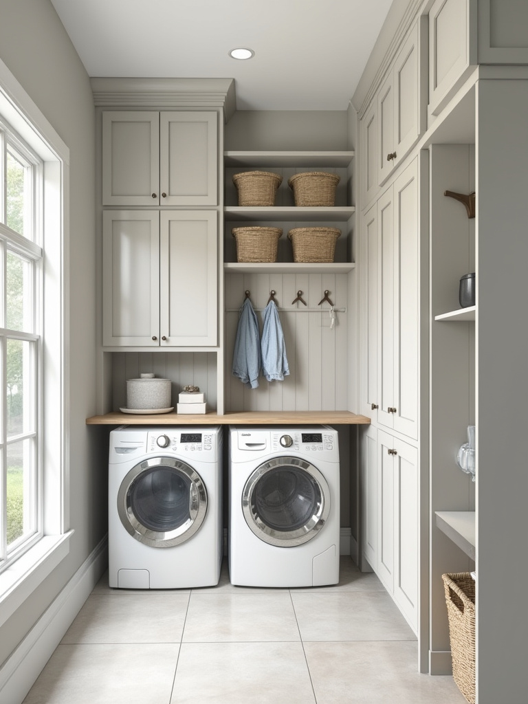 Tall built-in vertical storage units in a clean mudroom and laundry room combo, featuring cabinets, shelves, and cubbies in light neutral tones, enclosing a stacked washer/dryer.