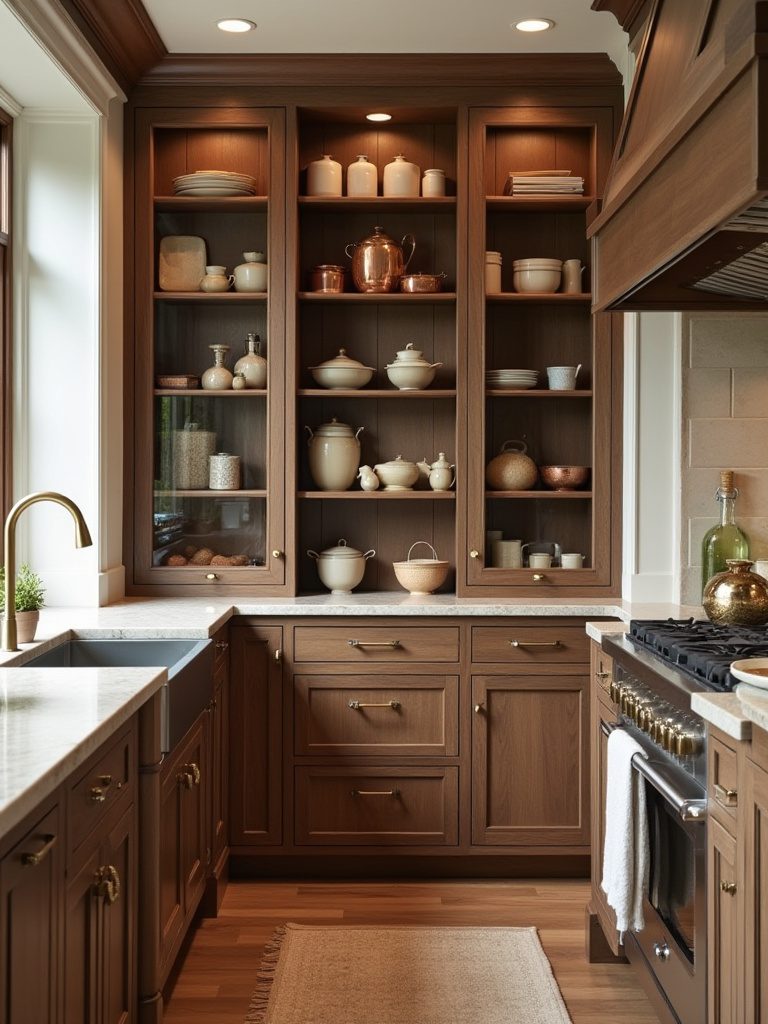 Portrait view of a traditional kitchen pantry and open display shelves