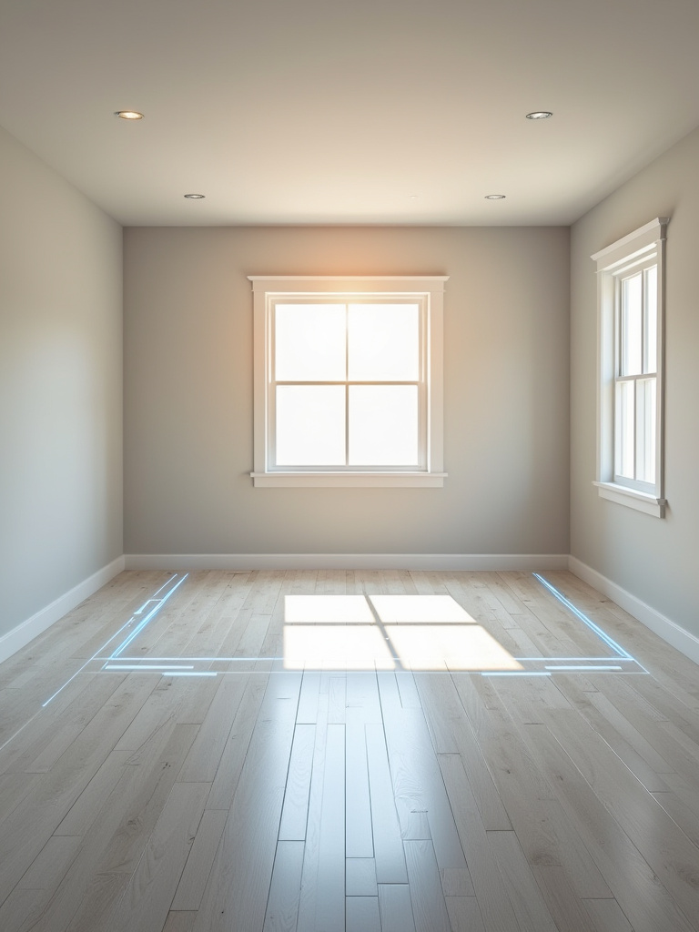 Empty small dining room with subtle digital light guidelines on the floor and walls, ready for precise furniture planning.