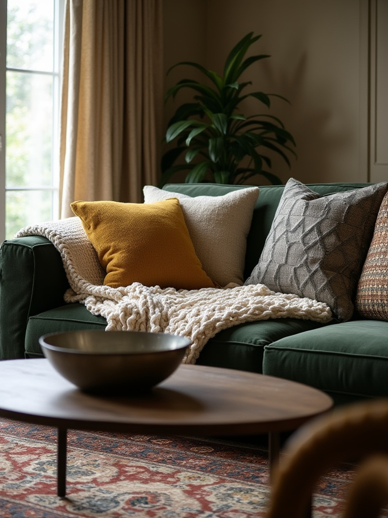A professional interior shot of a living room meticulously designed with varied textures and patterns, featuring a velvet sofa, knit throw, patterned pillows, a patterned rug, and a smooth wood coffee table under soft natural light.