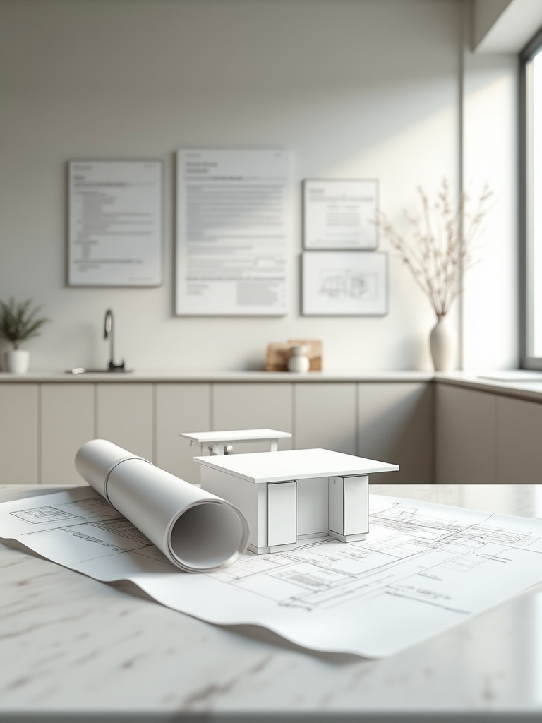 Portrait of a modern kitchen planning area with blueprints and code diagrams on a desk