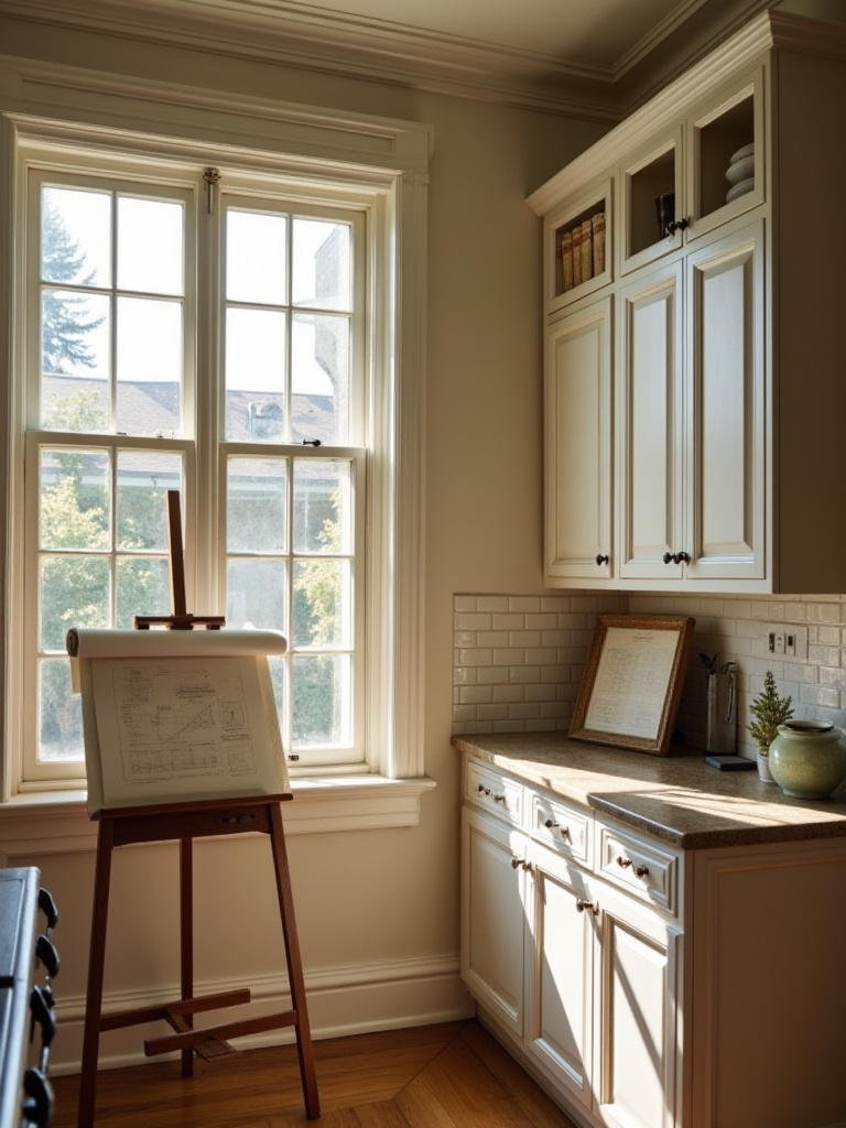 Portrait-style kitchen planning scene showing preservation guidelines and code-compliance elements, no people.