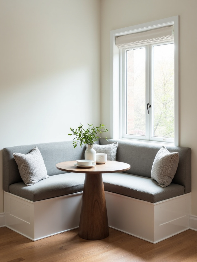 A cozy dining nook featuring a built-in L-shaped banquette with soft gray upholstered seating and throw pillows, paired with a small round wooden dining table, illuminated by natural light from a nearby window, demonstrating efficient space usage in a compact dining room.