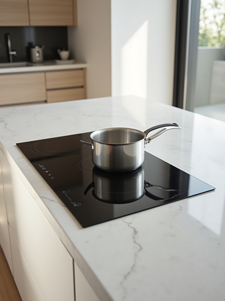 A sleek, black induction cooktop integrated flush into a light stone countertop in a minimalist modern kitchen, emphasizing its clean lines, efficiency, and safety.