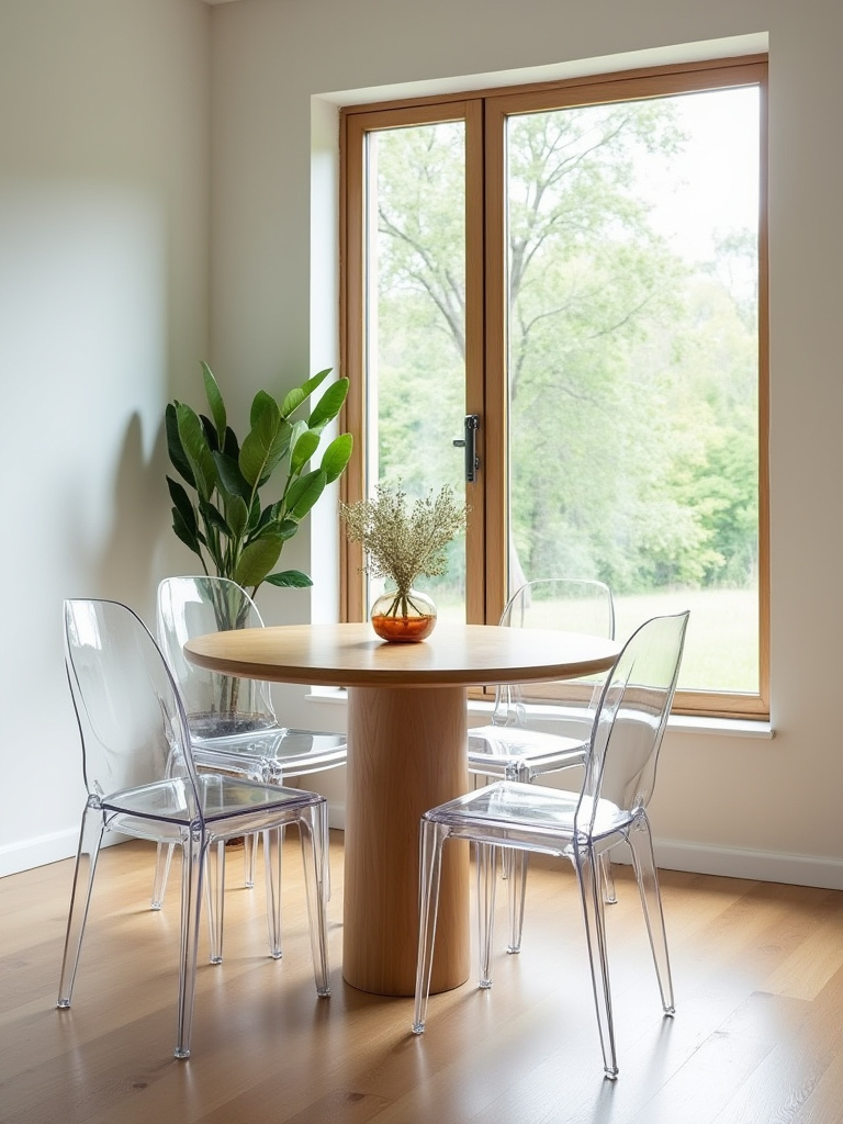 Small dining room with transparent Lucite dining chairs and a wooden table, emphasizing open sightlines and increased spaciousness. Natural light illuminates the modern minimalist decor.