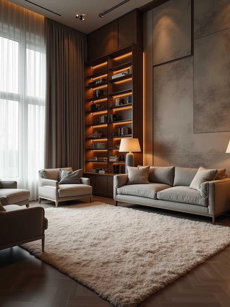 A luxuriously decorated living room with plush rugs, upholstered furniture, heavy drapes, acoustic panel art, and bookshelves, all contributing to optimized acoustics.